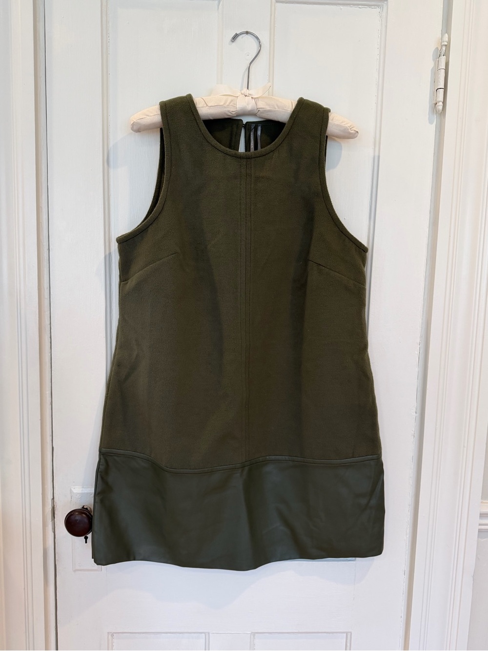 Anthropologie Olive Green Sleeveless Shift Dress with Faux-Leather Hem